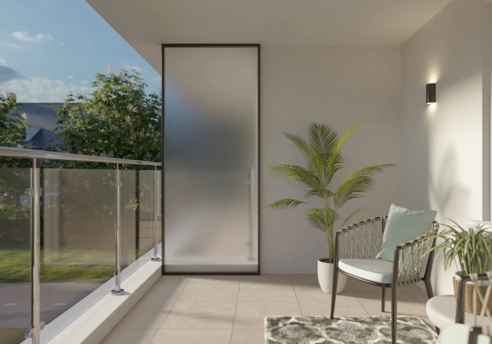 balcony privacy screen ideas with frosted glass film for a clean modern look