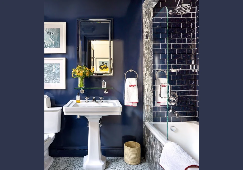 deep navy blue bathroom wall color for bold look