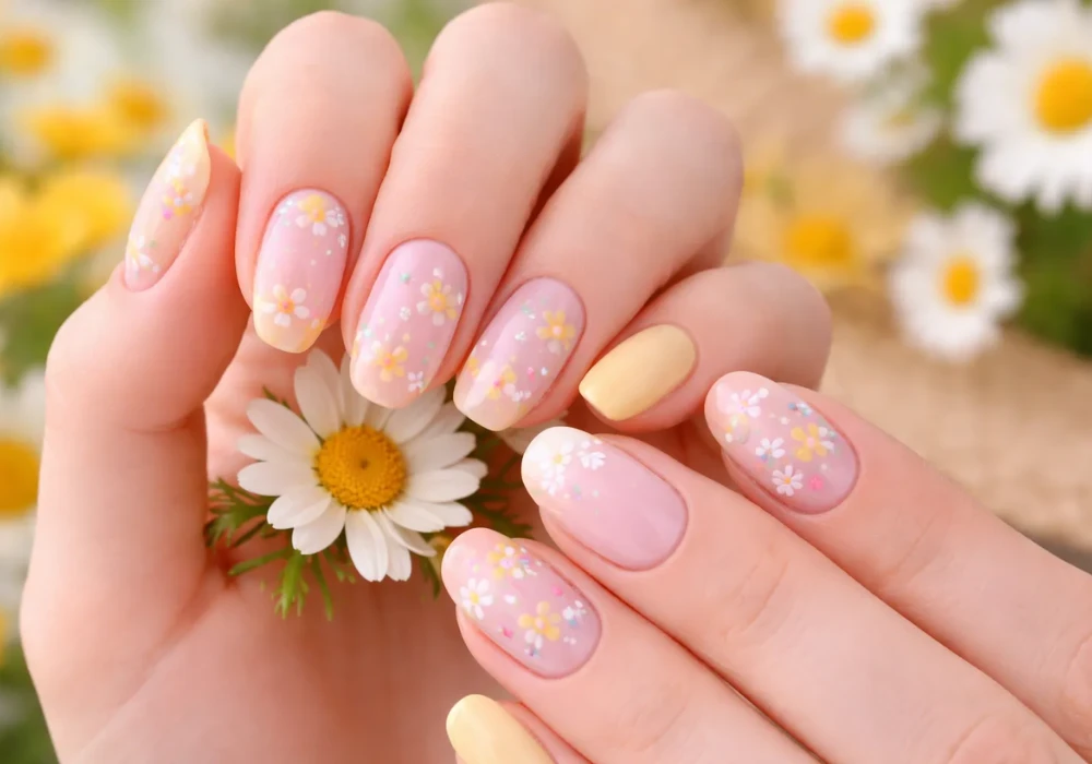 floral summer vacation nail ideas for soft feminine style