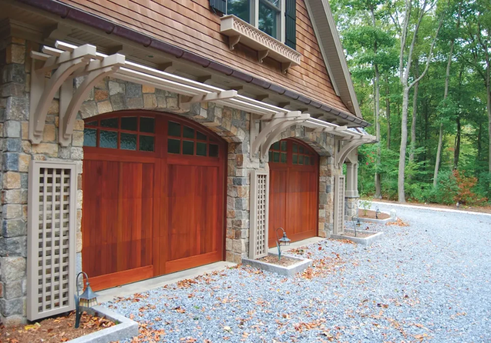mixed material trellis over garage door ideas for balanced design