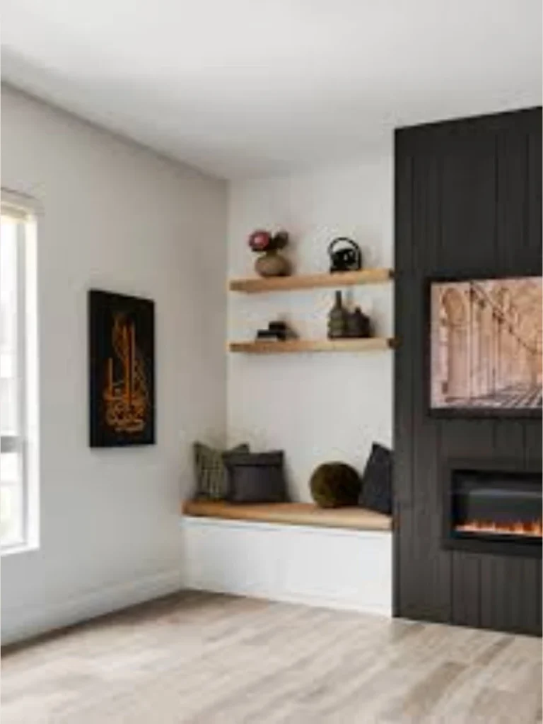 Asymmetrical Floating Shelves And Bench Layout