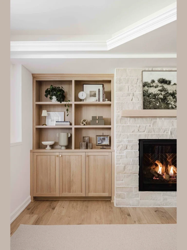 Asymmetrical Floating Shelves and a Single Large Cabinet