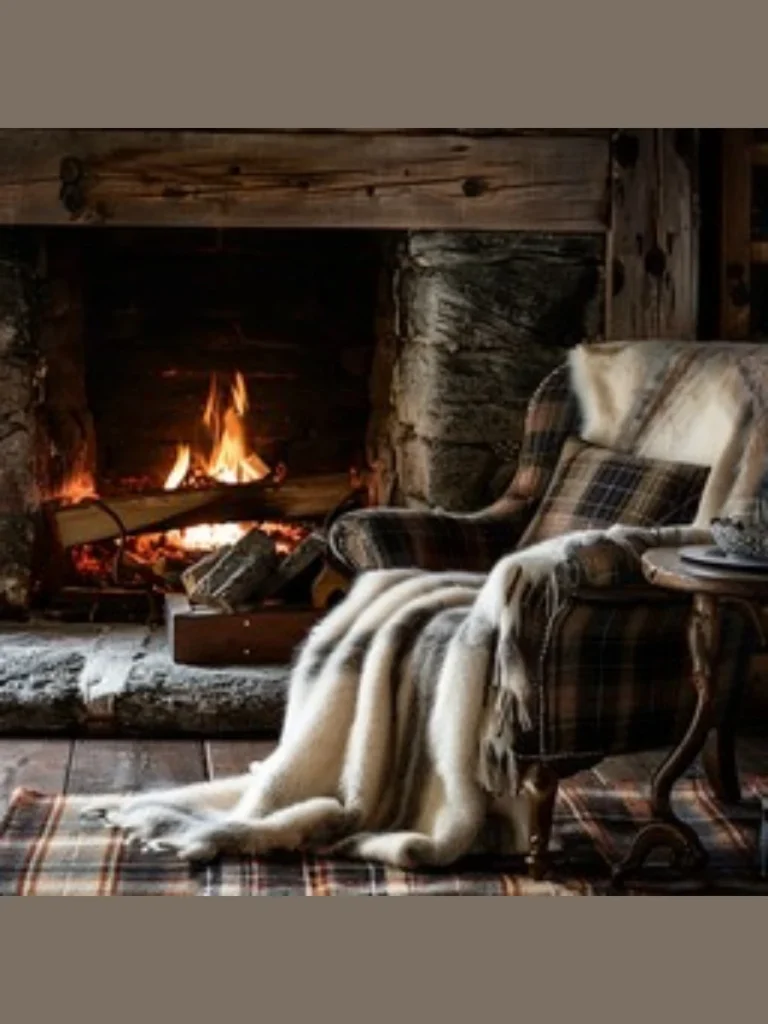 Cozy Plaid Throw Blankets Draped on the Hearth