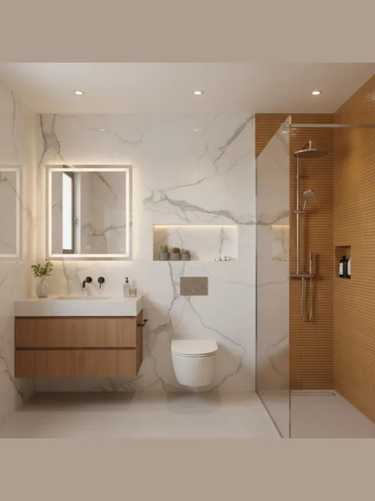Floating Marble Vanities With Oversized Arched Mirrors