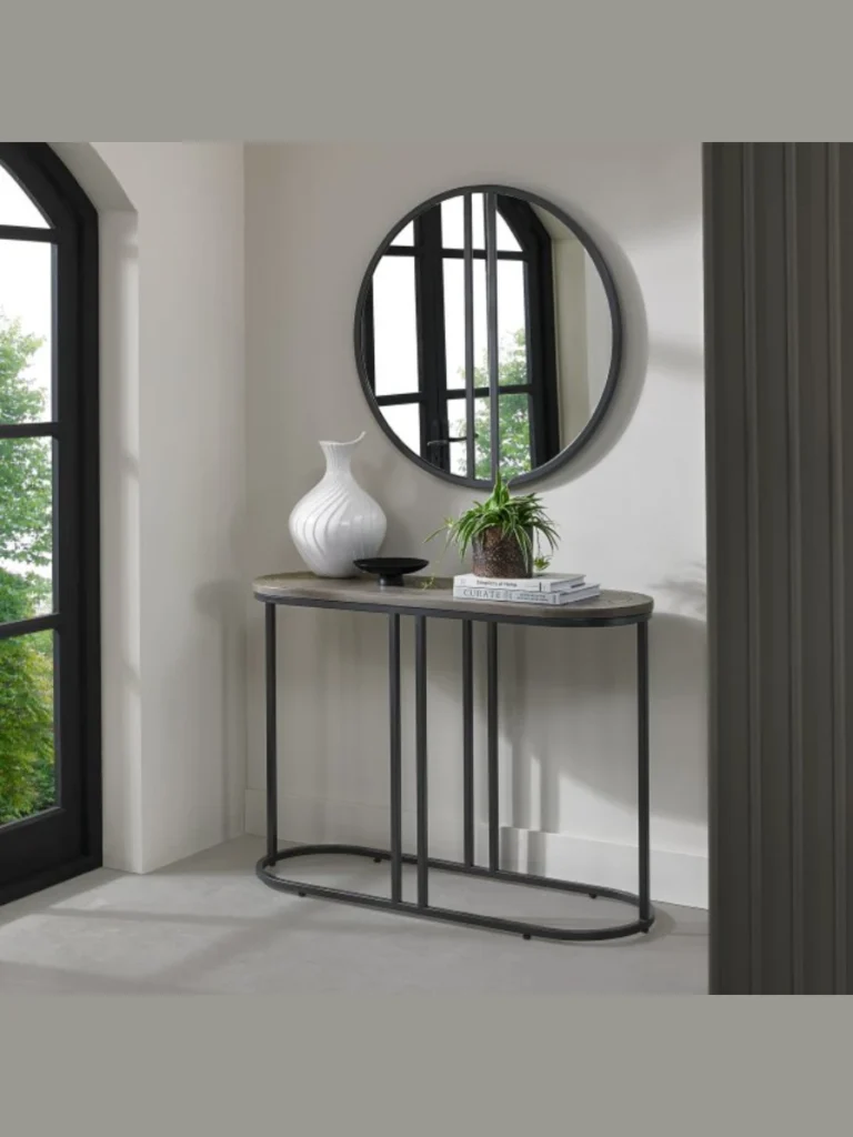 Glass Entryway Consoles With Round Metallic Mirrors