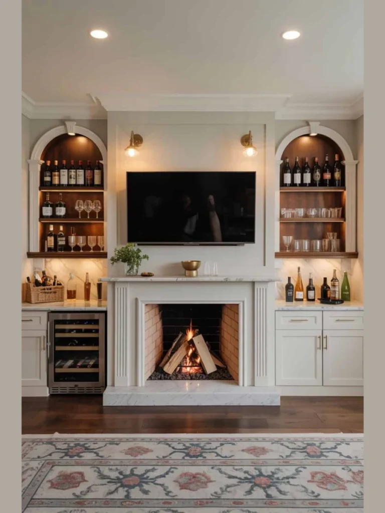 Integrated Fireplace and Wet Bar Wall