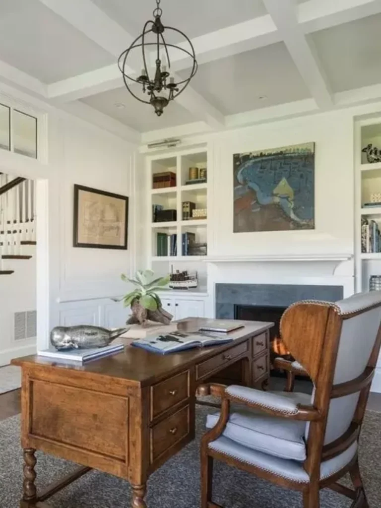 Integrated Home Office Desk and Fireplace Wall