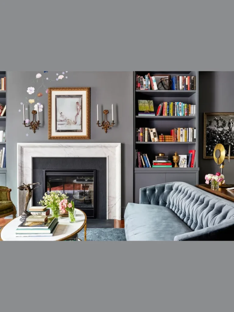 Integrated Library Wall With Central Hearth