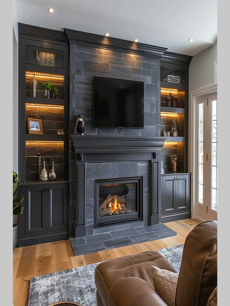 Moody Dark Charcoal Surrounds with Integrated Stone Mantels
