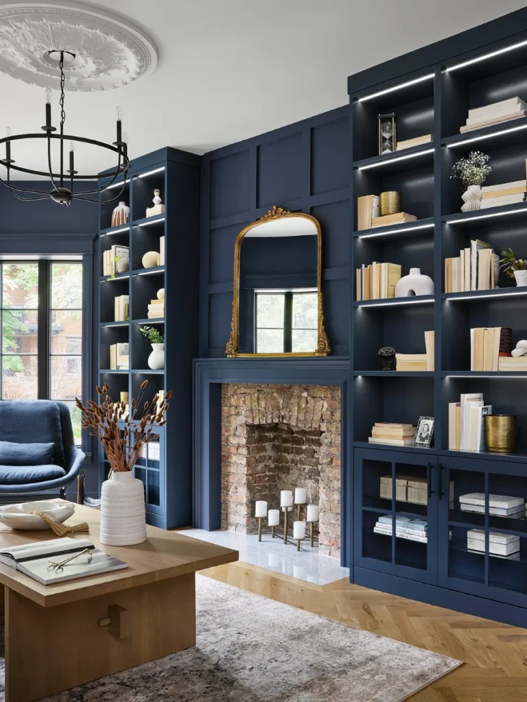 Navy Blue Cabinets with Gold Hardware for a Bold Pop
