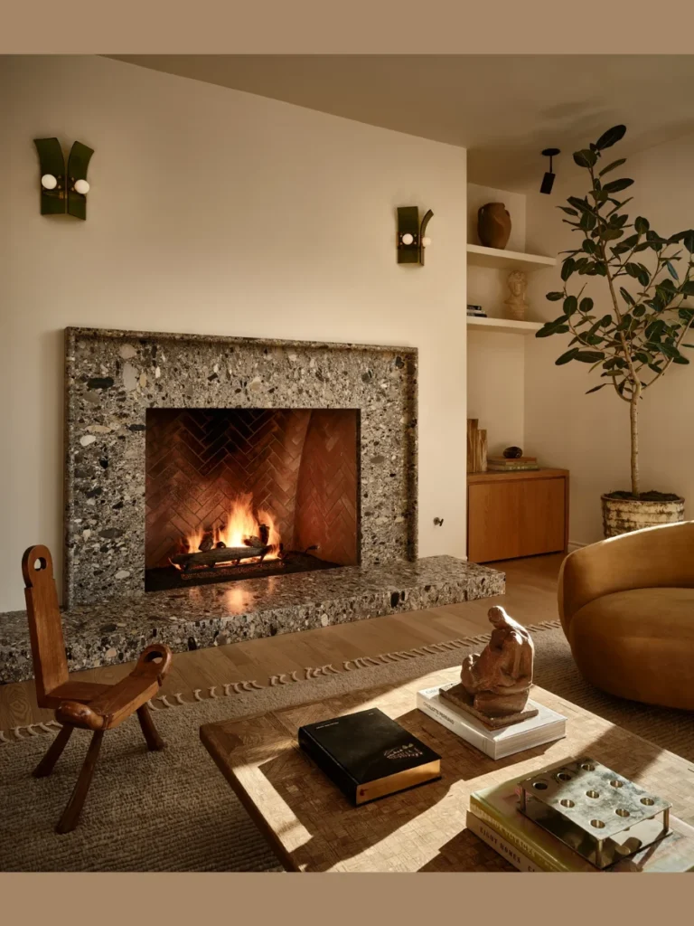 Recessed Linear Fireplace With Wood Storage