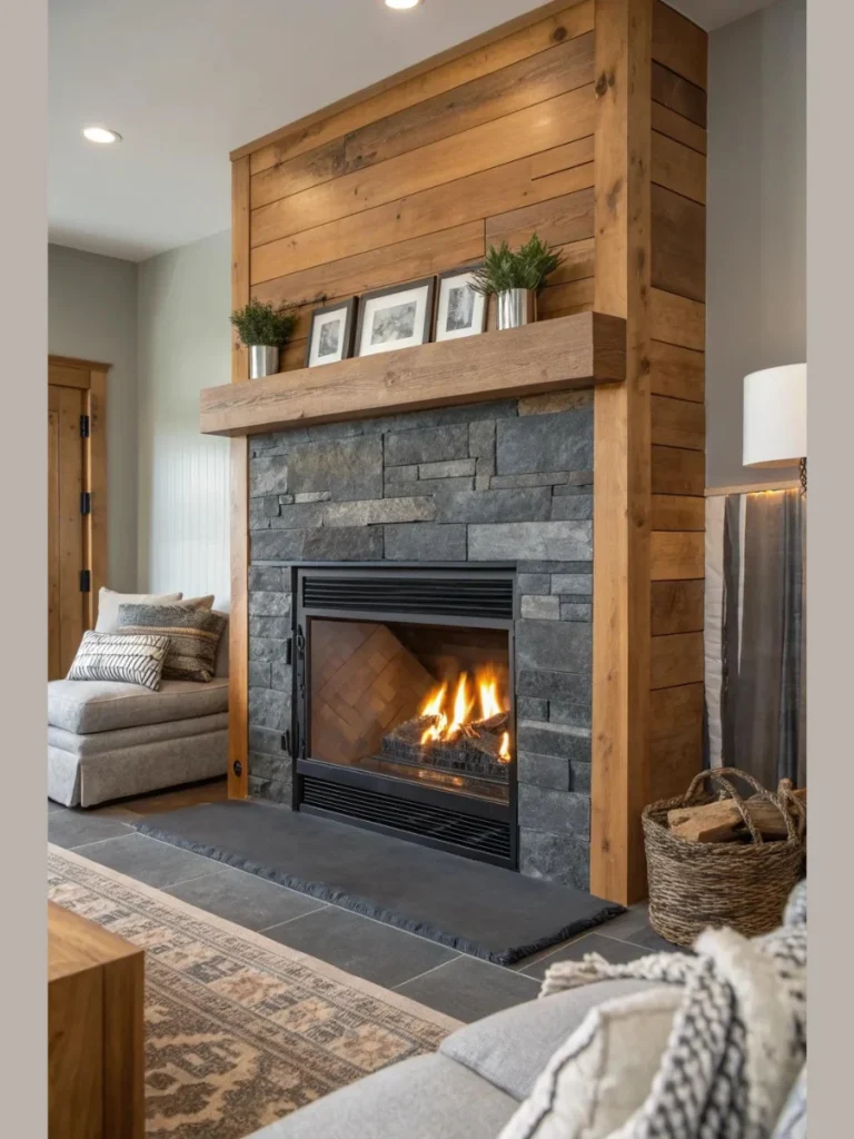 Reclaimed Timber Beams over Dark Slate Tile