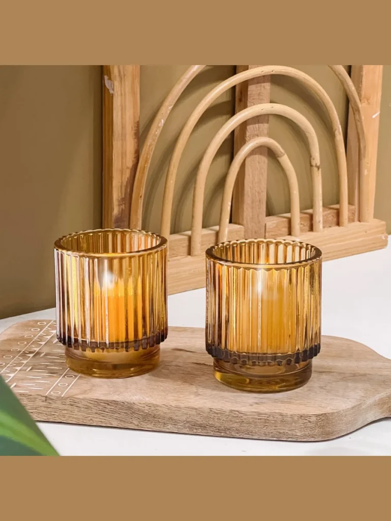 Ribbed Amber Glass Votive Pots