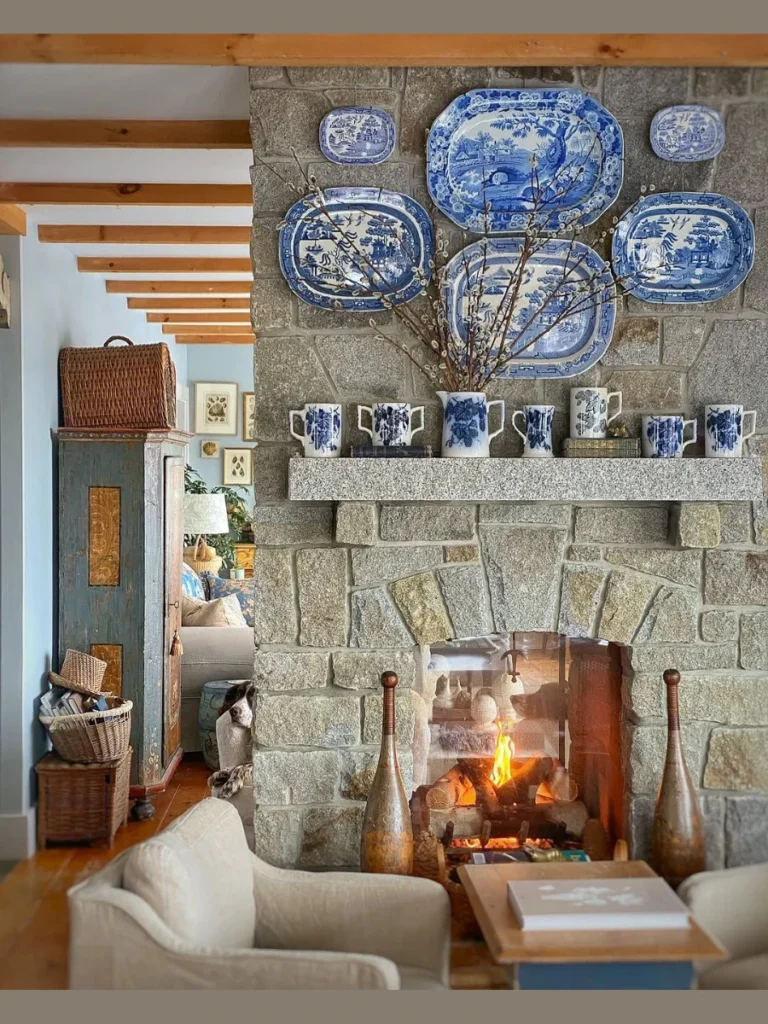 Rugged Natural Fieldstone Masonry Fireplace
