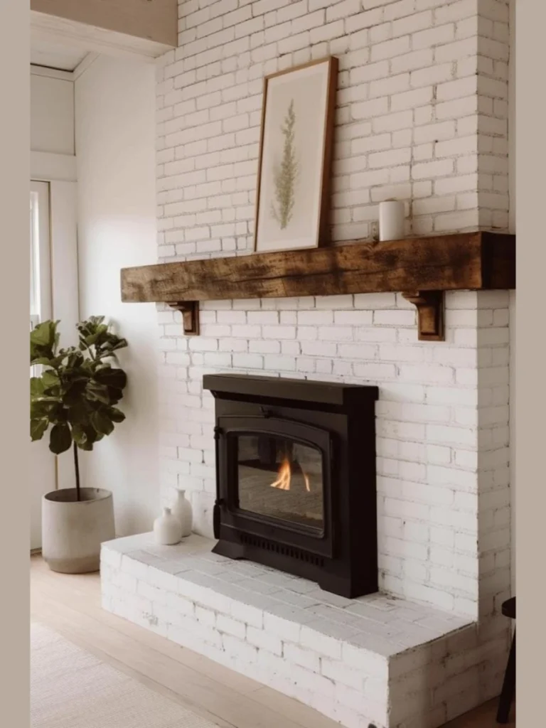 Whitewashed Brick Surrounds with Natural Pine Mantels