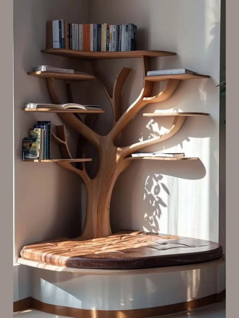 corner tree bookshelves for whimsical display