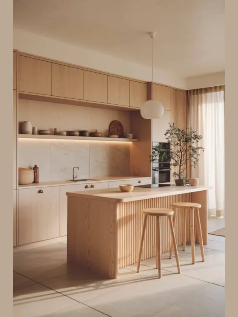 Asymmetric Floating White Oak Display Shelving