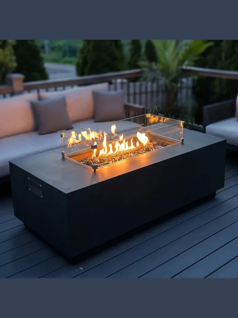 Center a Rectangular Concrete Gas Fire Table as a Shared Dining Surface