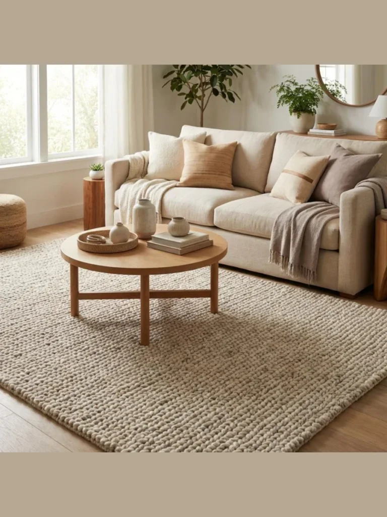 Chunky Knit Wool Foundational Rug With Low Pile Medallions