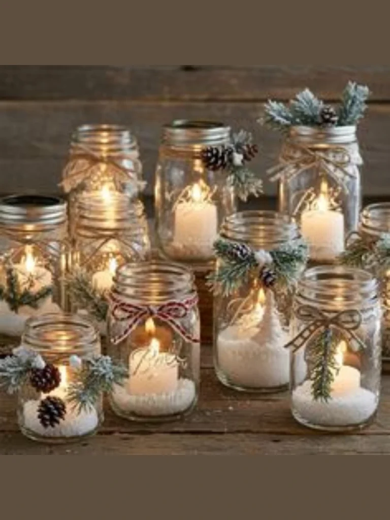 Cluster Tiny Electronic Tealights Inside a Row of Three Clear Glass Mason Jars Filed with Limes