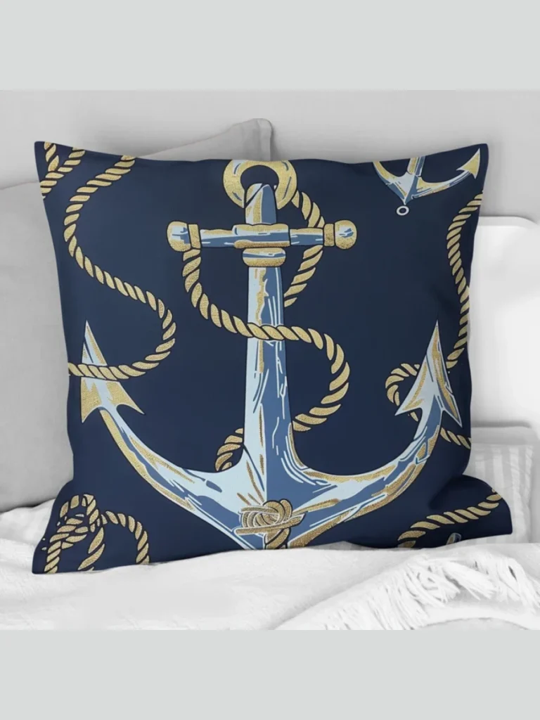 Combine Coastal Aqua Blue Stripes with Oatmeal Canvas and a Miniature Anchor Emblem