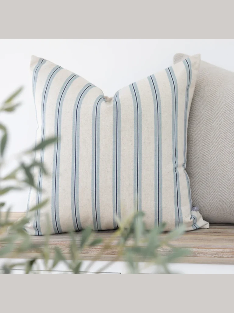 Combine Sky Blue Ticking Stripes with Solid Crisp White Cotton and a Faux Eucalyptus Print