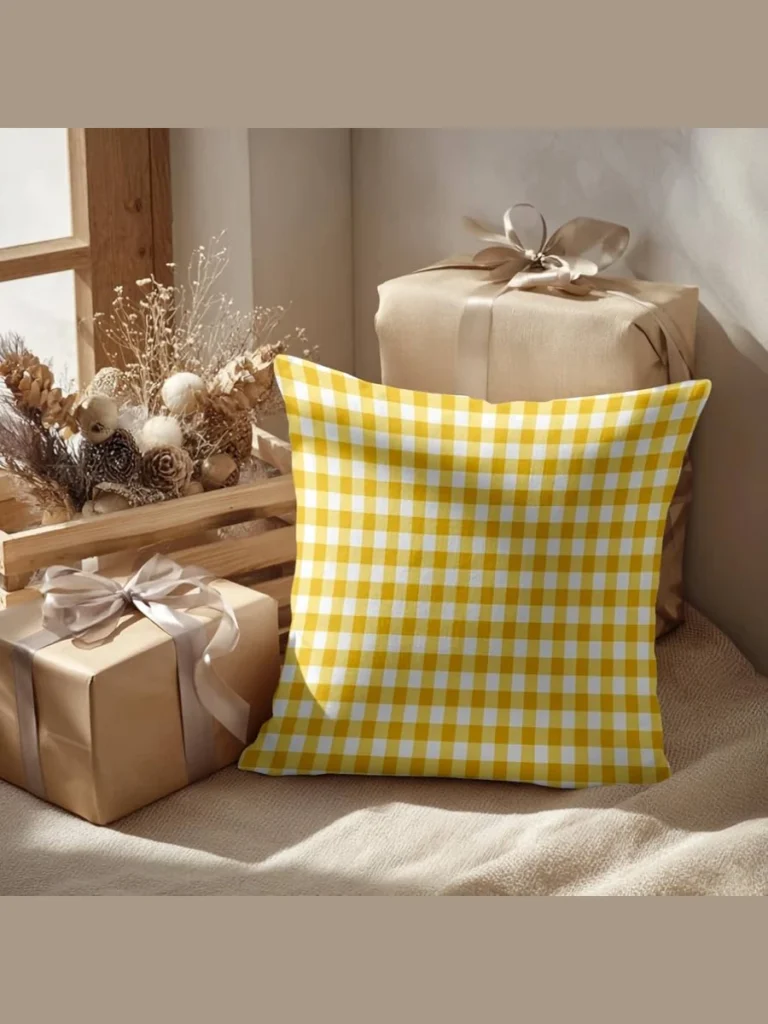 Combine Sunny Yellow Gingham Check with Solid Navy Blue Canvas and an Oatmeal Lumbar