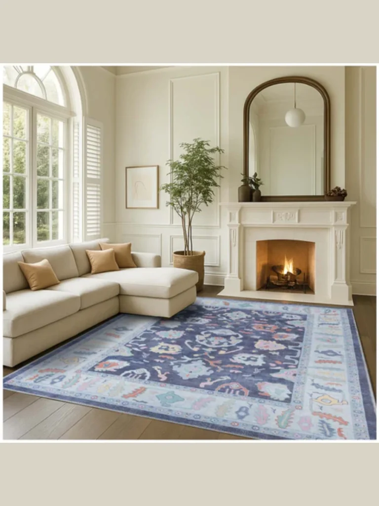 Deep Navy Solid Base With Faded Pastel Oushak Rugs