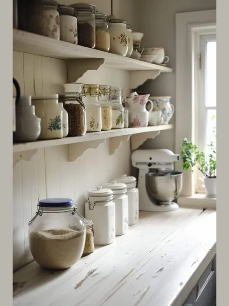 Display Soft White Stoneware on Open Kitchen Shelves