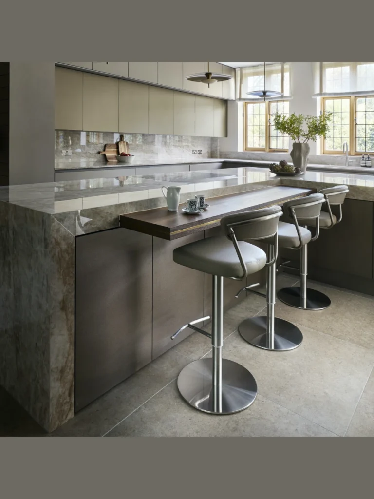 Double Tier Overhanging Floating Stone Breakfast Bars