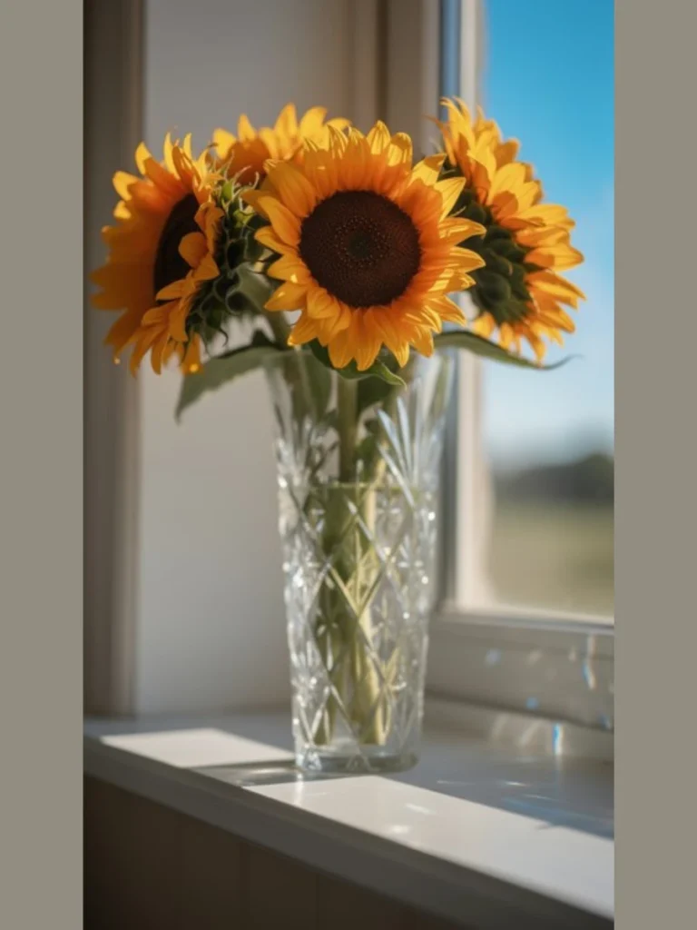 Drop Long Stemmed Bright Yellow Sunflowers Inside a Tall Clear Glass Cylinder Vase