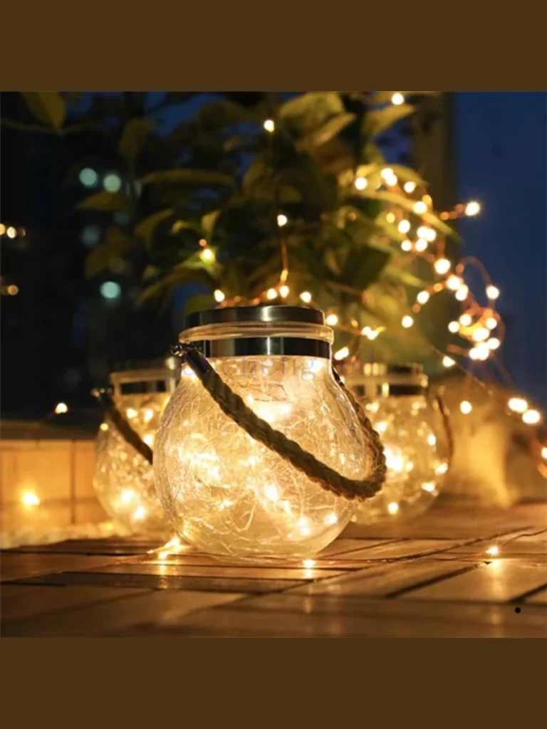 Fill Clear Mason Jars with Golden Solar Powered Fairy Lights