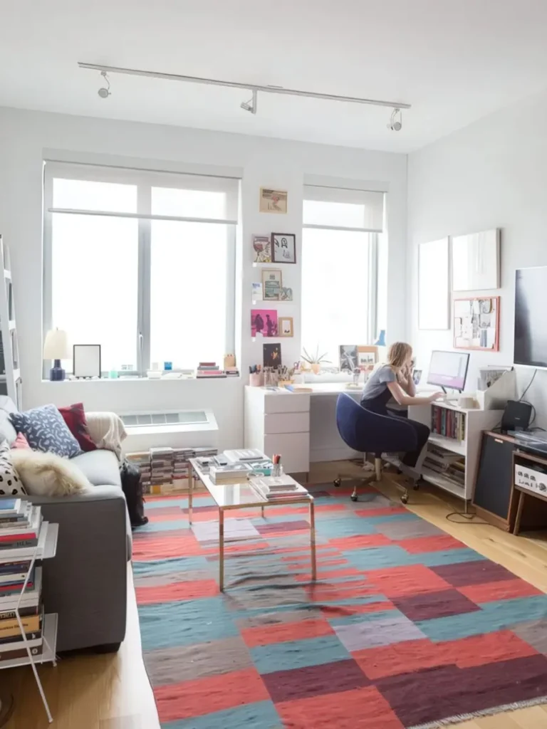 Floating Corner Desks Separated by Textured Area Rugs
