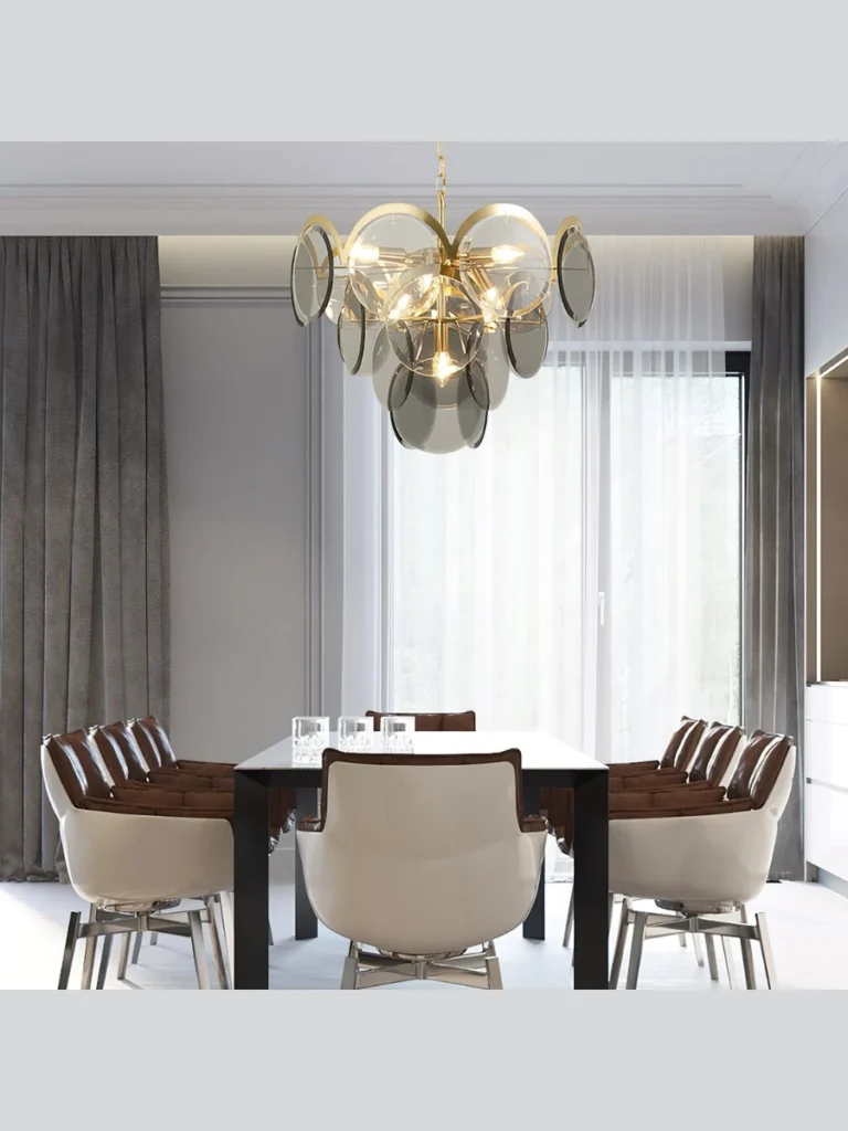Floating Glass Disk Chandeliers with Champagne Shimmer Finishes
