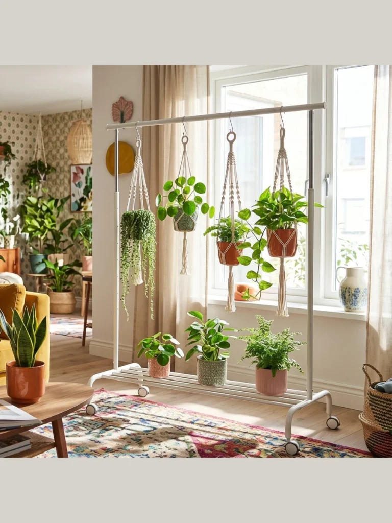 Freestanding Metal Garment Racks Styled as Hanging Plant Displays