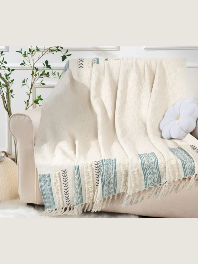 Fringed Off White Cotton Canvas Throws