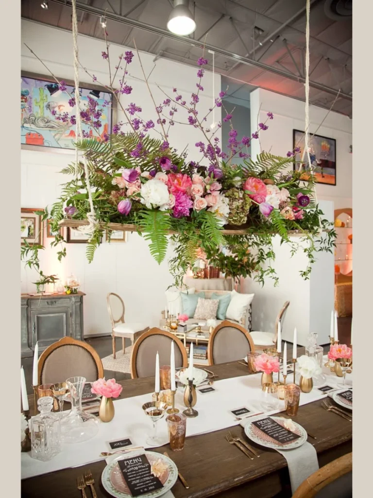 Hanging Floral Chandeliers Above the Table