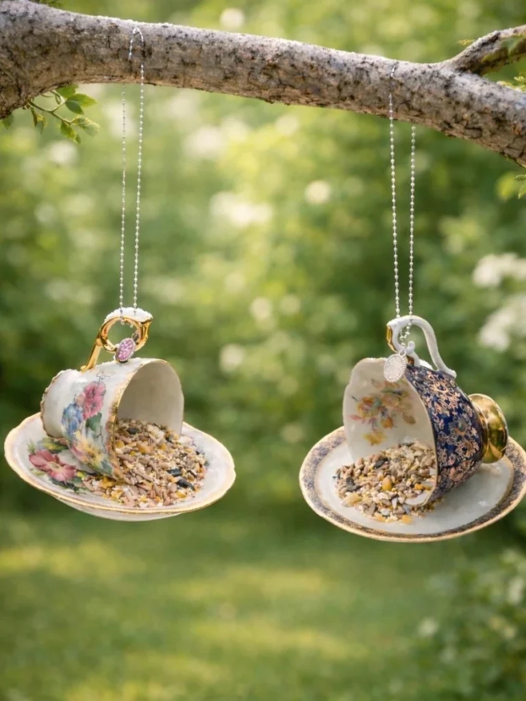 Hanging Porcelain Tea Cup Wild Bird Feeders