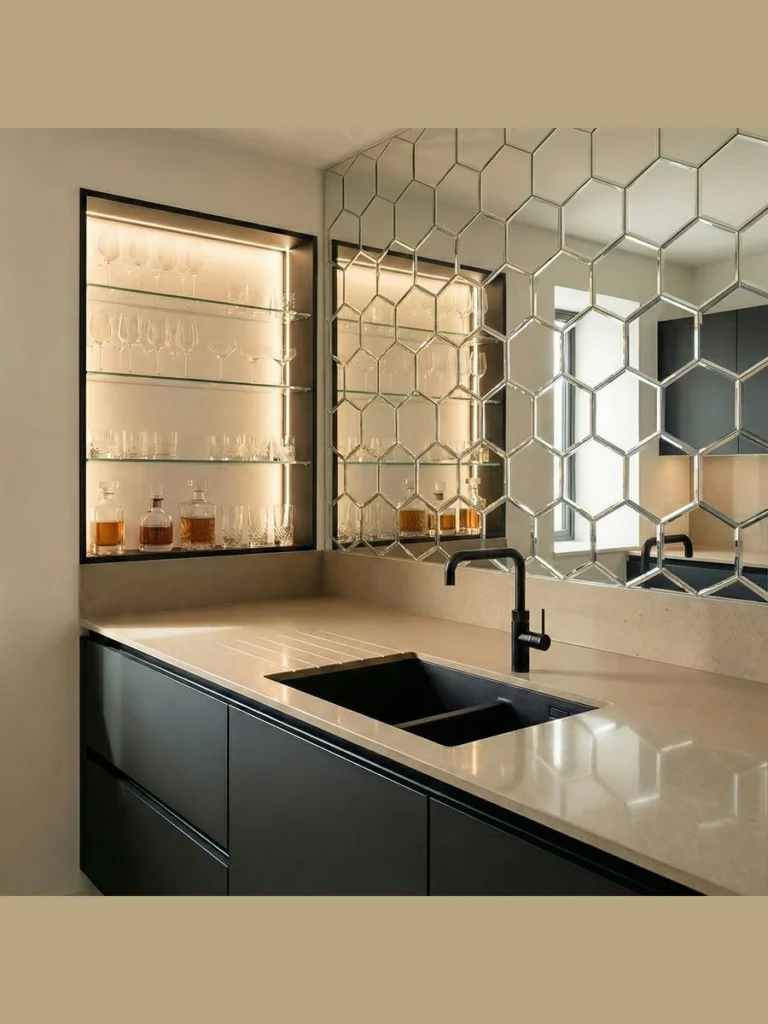 Hexagonal Mosaic Distressed Mirror Tile Details
