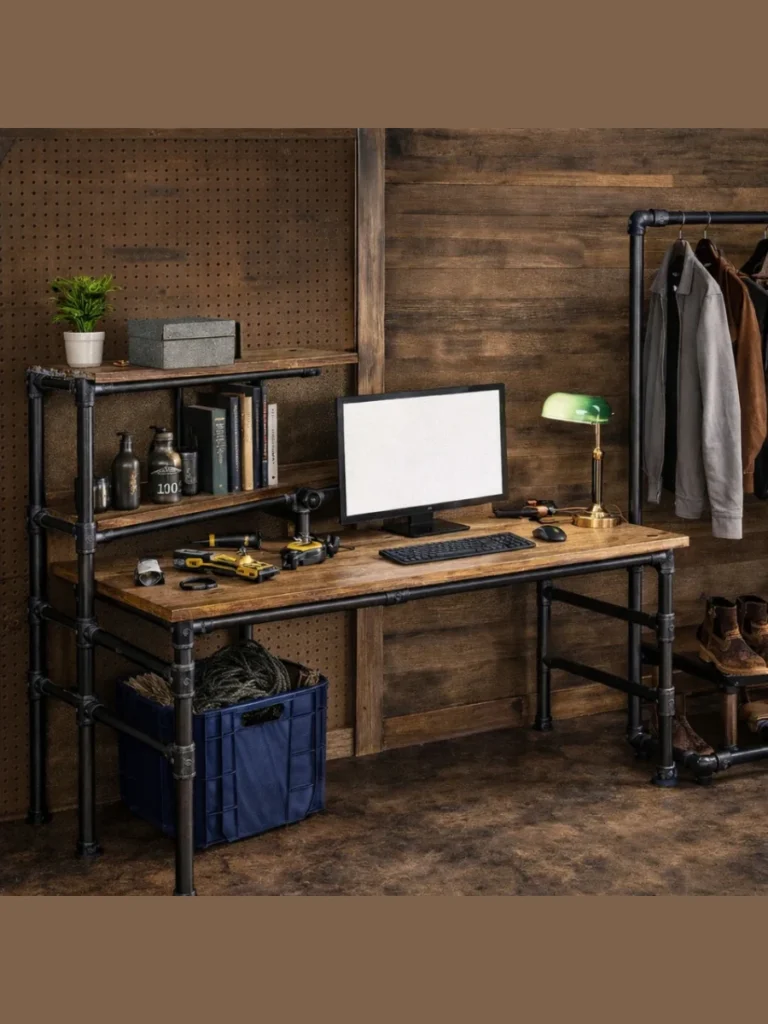 Industrial Pipe Frame Desks Blending with Rustic Trestle