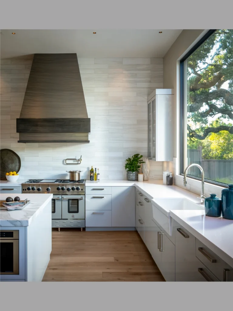 Industrial Steel Floating Chimney Vent Hoods over Walnut