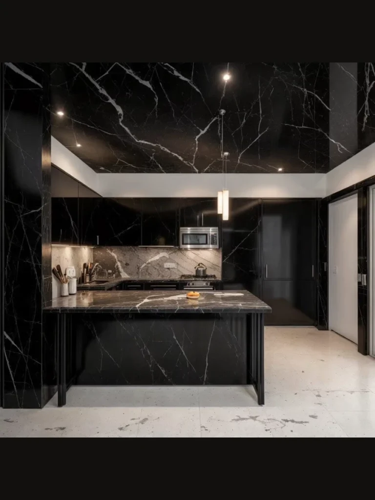 Inset Black Marble Diamonds in Ivory Stone Fields