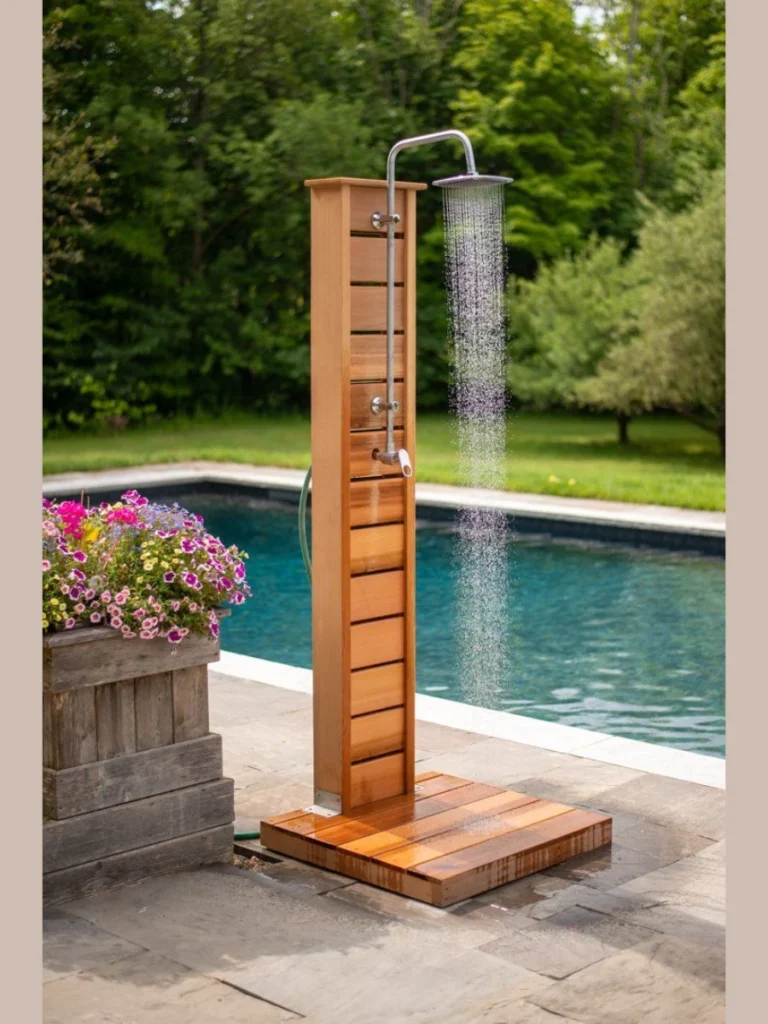 Install a Copper Outdoor Shower Pillar Near the Pool Steps
