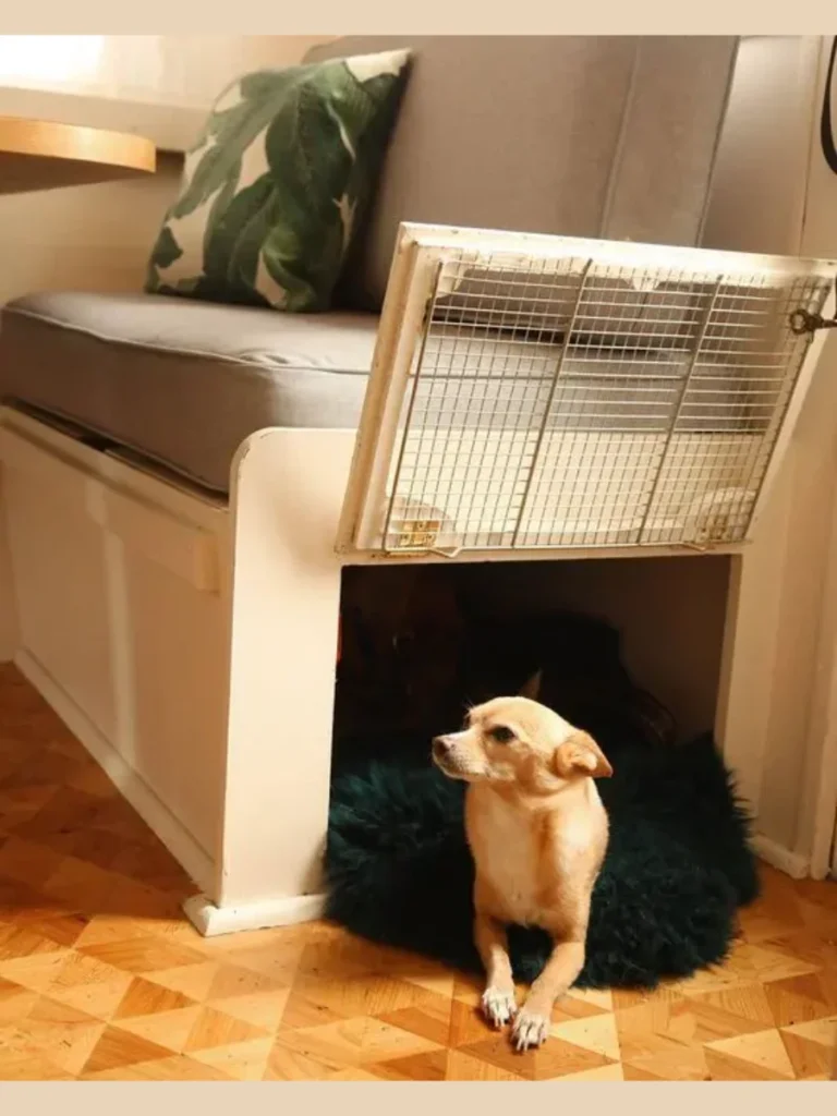 Integrated Pet Friendly Benches with Built-In Dog Bed Caves