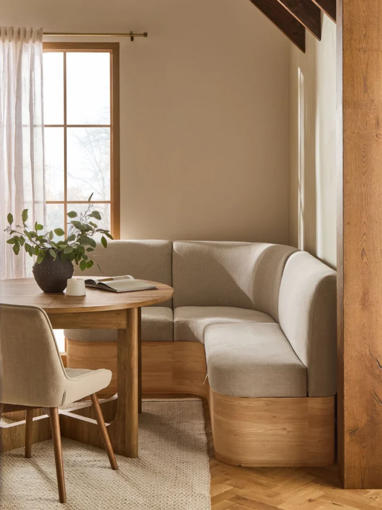 L Shaped Banquette Benches with Inset Corner Tech Stations