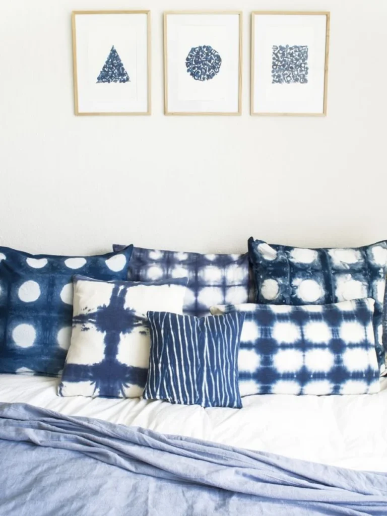 Layer Deep Indigo Blue Shibori Patterns with Solid White Canvas and a Silver Grey Lumbar