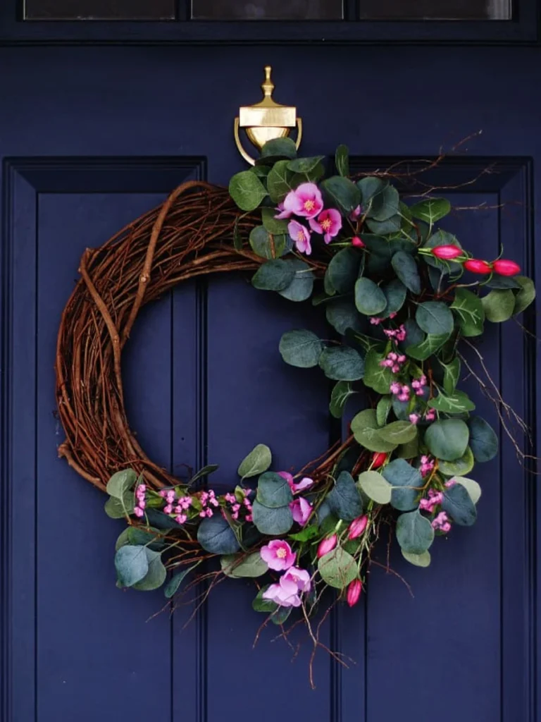 Layer Durable Weatherproof Artificial Faux Eucalyptus Leaf Garlands Across a Straw Frame