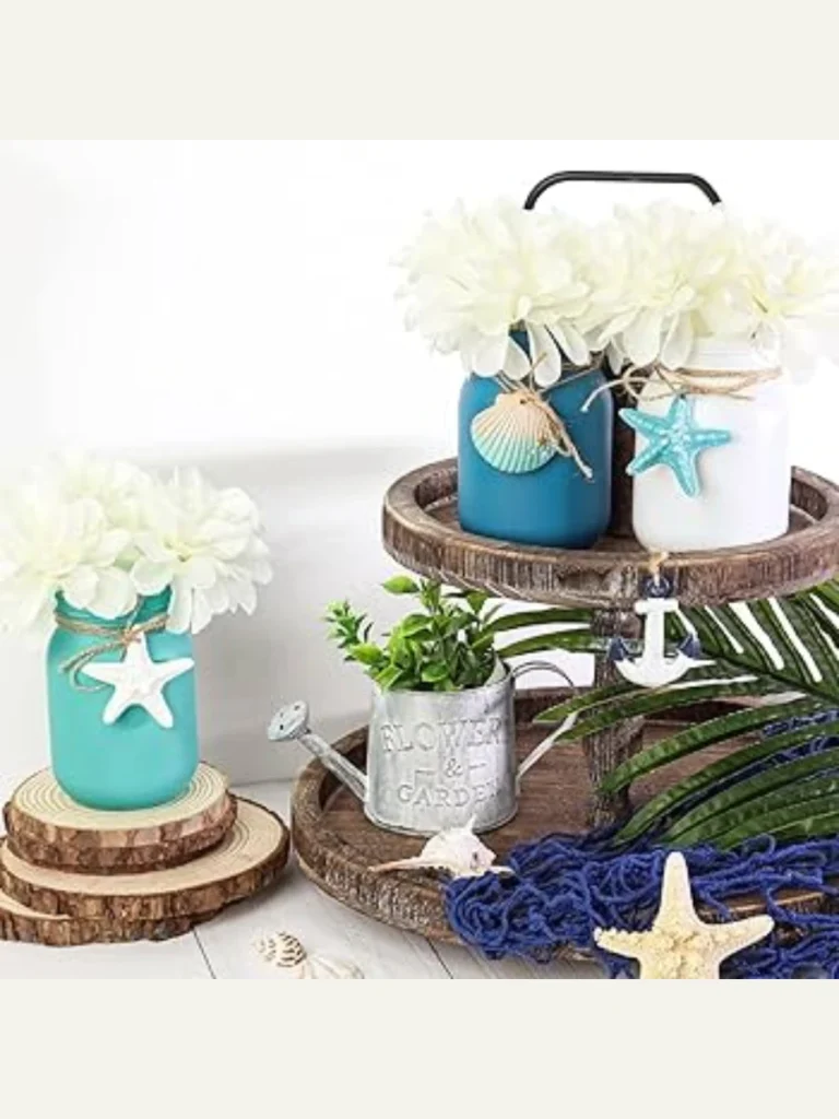 Layer Miniature Starfish and Tiny Blue Mason Jars for a Coastline Beach Cottage Theme