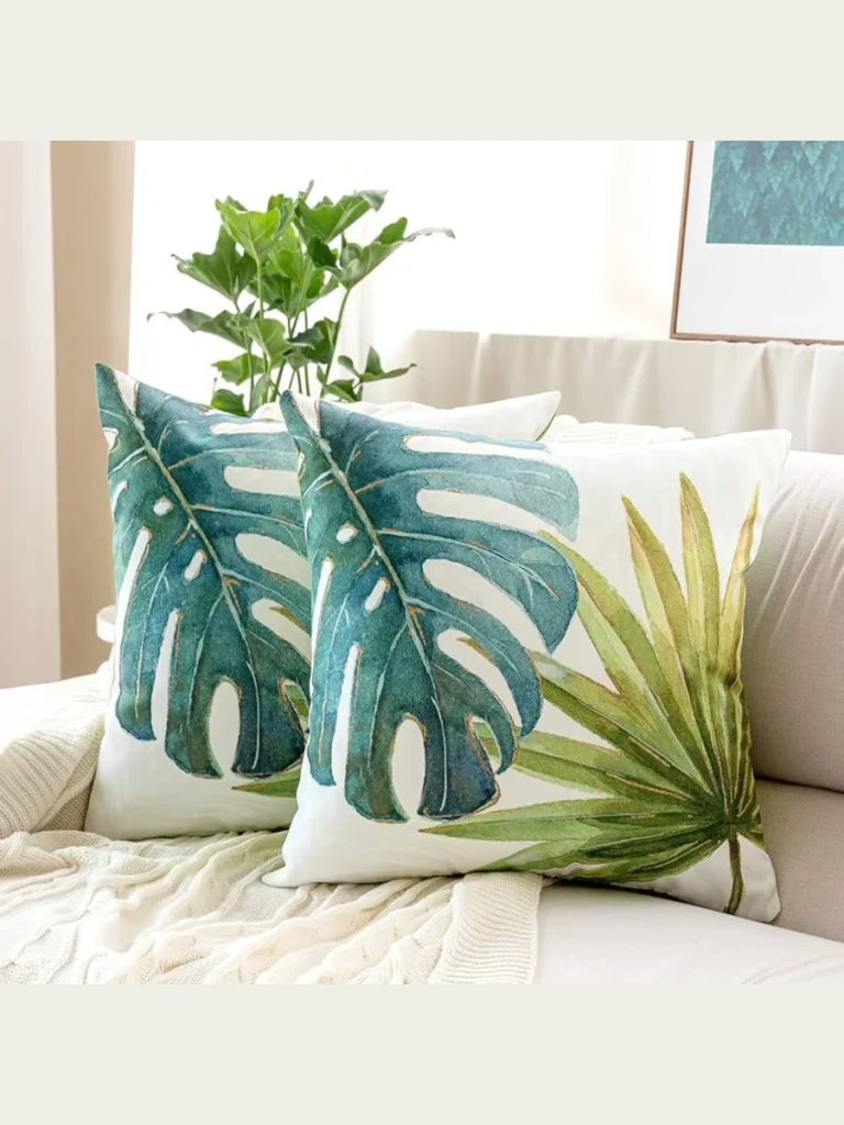 Layer Oversized Tropical Coral Palm Leaf Prints with Solid Aqua Silk and Raw Hemp Borders