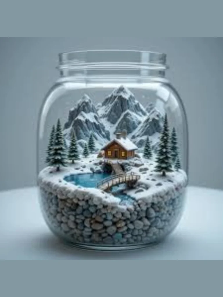 Layer Small Framed Ocean Landscape Paintings Behind Clear Green Glass Apothecary Jars 